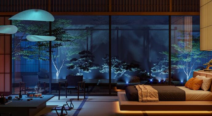 Visualization of a Japanese inspirated bedroom at night time. On the right a bed is low to the ground, on the left is a low table and katanas on the wall.