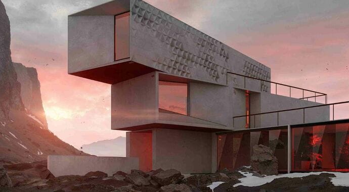 A still from xoio’s Unboxing animation. A cloaked figure stands on jagged rocks next to a stark, architecturally designed house. A sunset illuminates the windows, making them glow red.