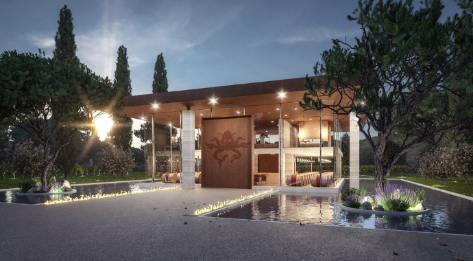 A twilight v-ray render of a building with an octopus painting, ponds, and trees